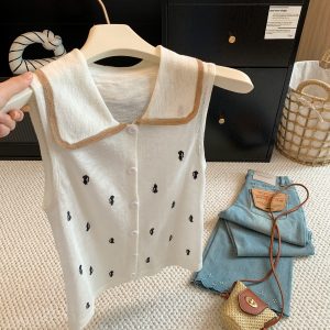 Korean Contrast Color Doll Collar Knit Vest Women Summer Thin Hollow Sleeveless Cardigan Petite Short Top - Style a64728