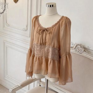 French Lace Crochet Bell Sleeve Chiffon Blouse for Women Early Autumn