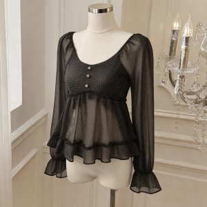 French Style Polka Dot Chiffon Puff Sleeve Women's Top Early Autumn Design