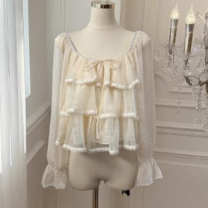 Women's Lace Ruffle Blouse with Bubble Sleeves and Square Neck