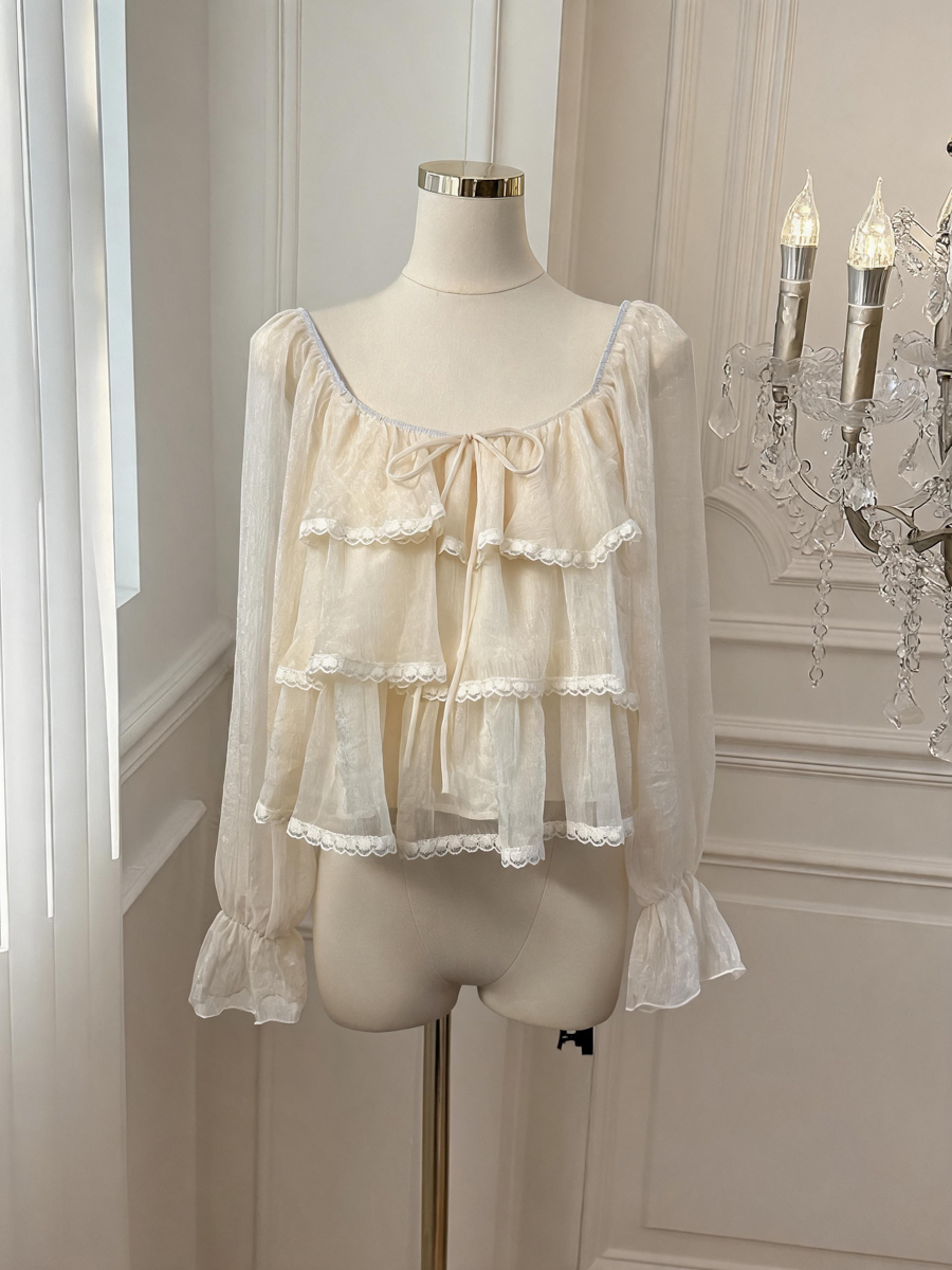 Women's Lace Ruffle Blouse with Bubble Sleeves and Square Neck