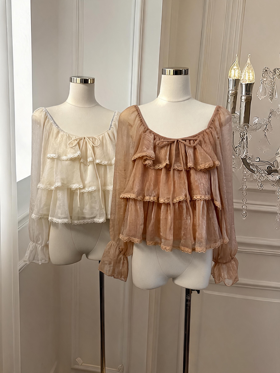 Women's Lace Ruffle Blouse with Bubble Sleeves and Square Neck - Image 2