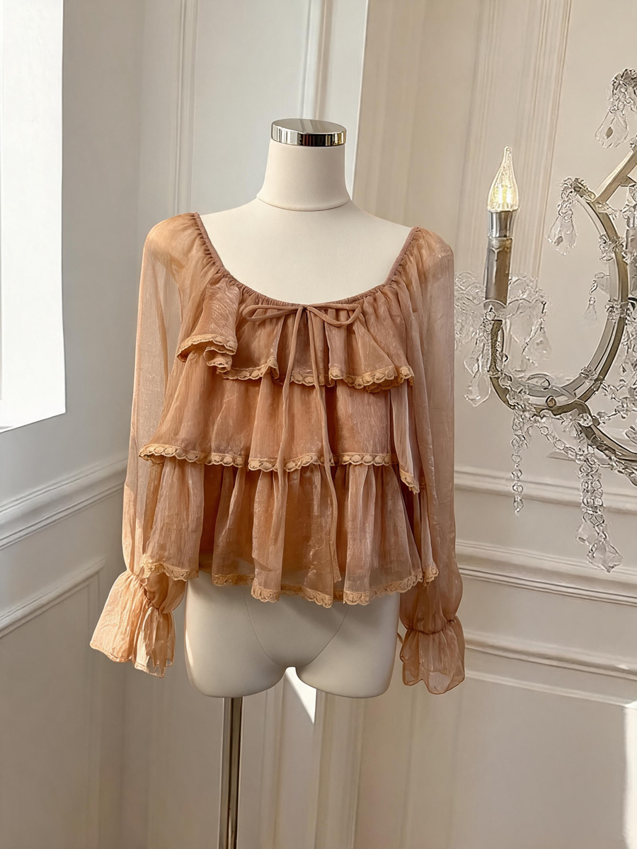 Women's Lace Ruffle Blouse with Bubble Sleeves and Square Neck - Image 3