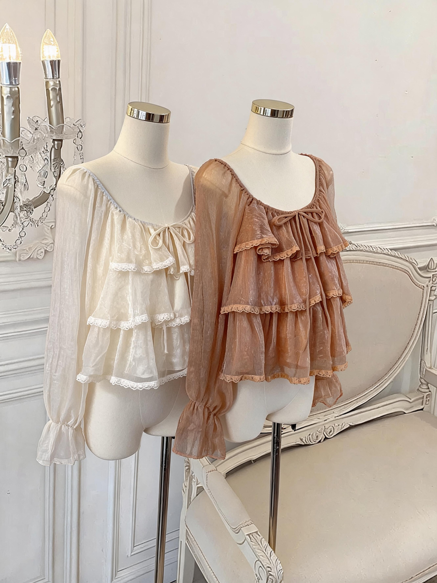 Women's Lace Ruffle Blouse with Bubble Sleeves and Square Neck - Image 4