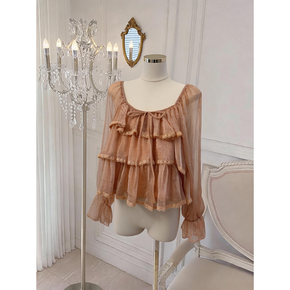 Women's Lace Ruffle Blouse with Bubble Sleeves and Square Neck - Image 5