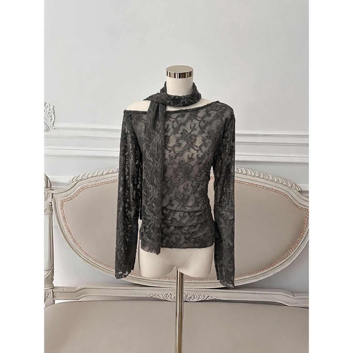 Women's Off-Shoulder Lace T-Shirt with Ribbon Accent Long Sleeve Slim Fit Top - Style aa076f - Image 5