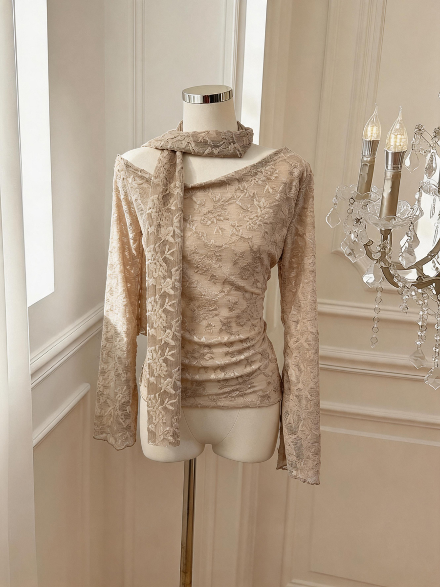 Women's Off-Shoulder Lace T-Shirt with Ribbon Accent Long Sleeve Slim Fit Top - Style aa076f - Image 2