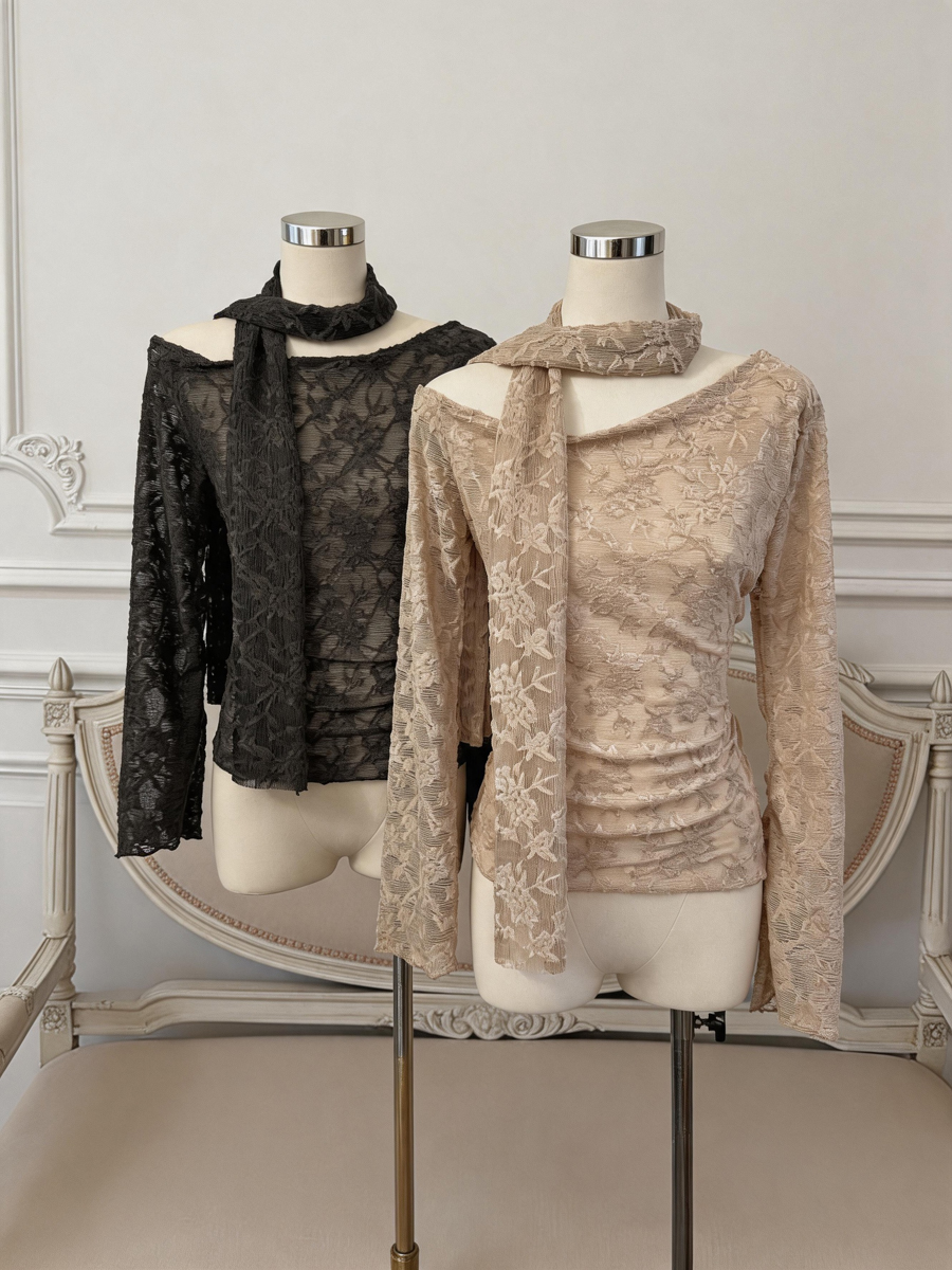 Women's Off-Shoulder Lace T-Shirt with Ribbon Accent Long Sleeve Slim Fit Top - Style aa076f - Image 4
