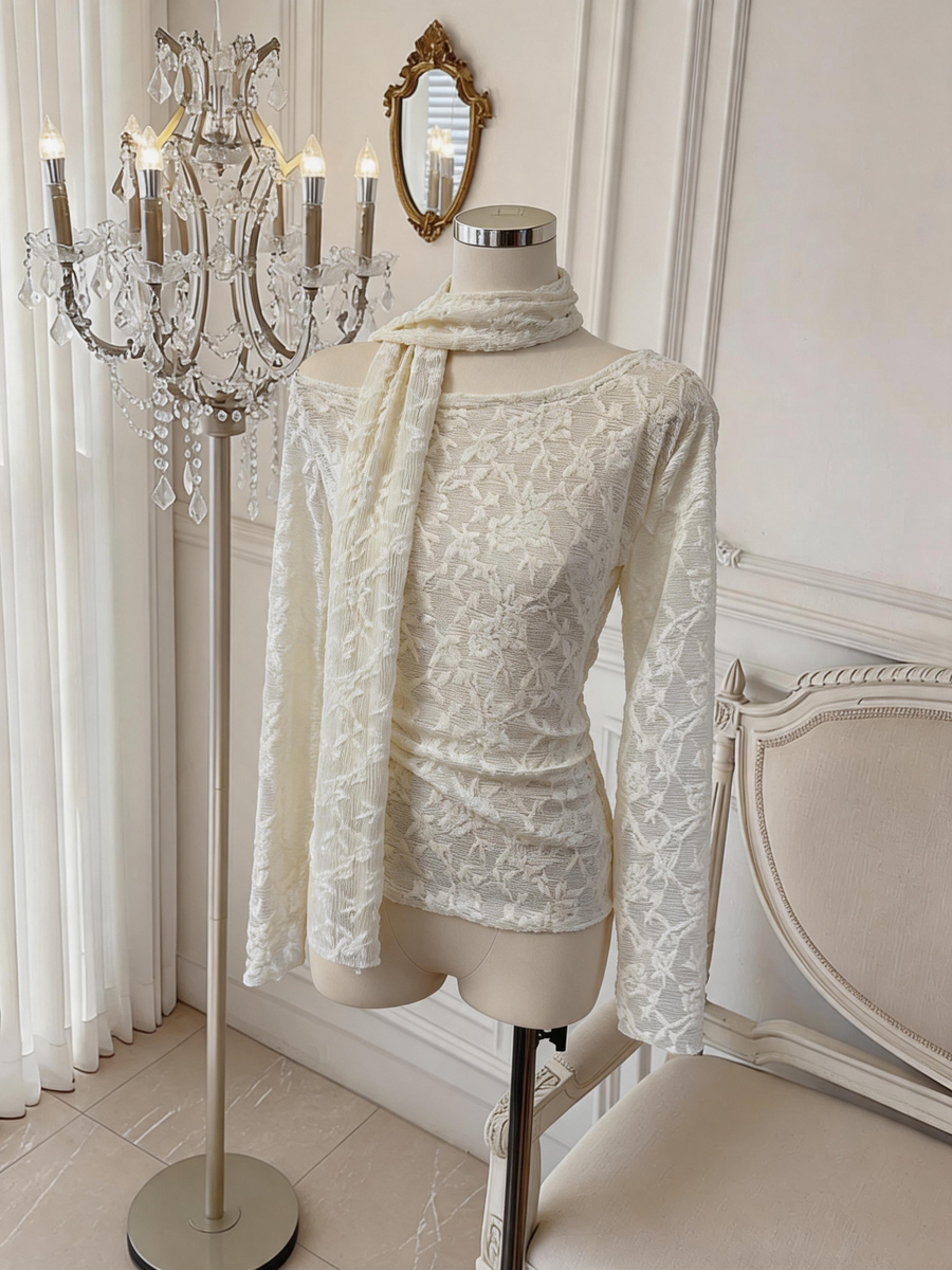 Women's Off-Shoulder Lace T-Shirt with Ribbon Accent Long Sleeve Slim Fit Top - Style aa076f - Image 3