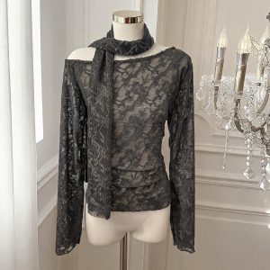 Women's Off-Shoulder Lace T-Shirt with Ribbon Accent Long Sleeve Slim Fit Top - Style aa076f