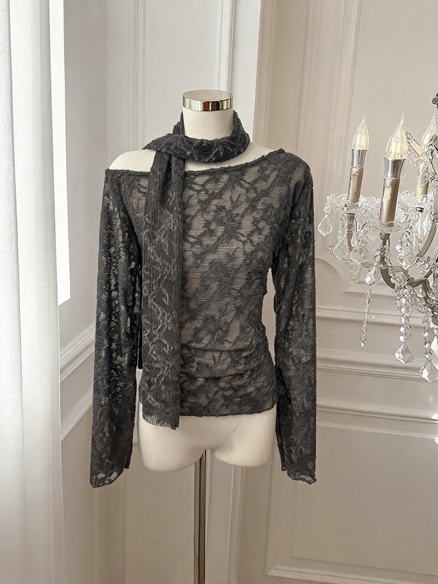 Women's Off-Shoulder Lace T-Shirt with Ribbon Accent Long Sleeve Slim Fit Top - Style aa076f