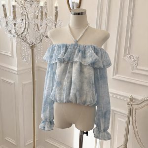 French Ruffle Off-Shoulder Halter Bubble Sleeve Women's Long Sleeve Top