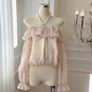 French Ruffle Off-Shoulder Halter Bubble Sleeve Blouse for Women Long Sleeve Top - Style adaf1c