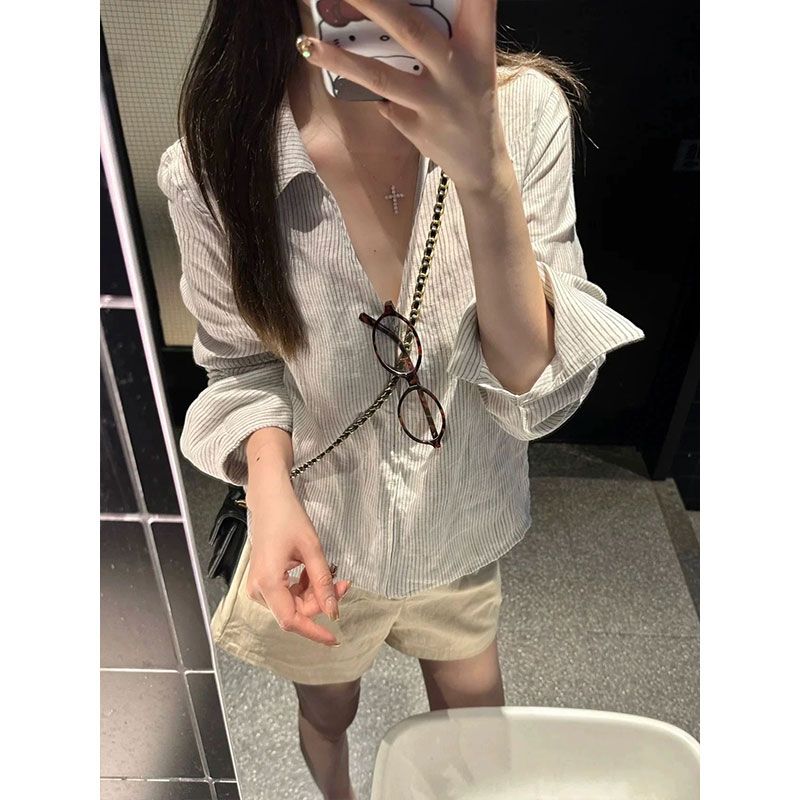 French Lazy Style Striped Collared Shirt Women's Plus Size Loose Long Sleeve Top 2026 Summer New - Image 3