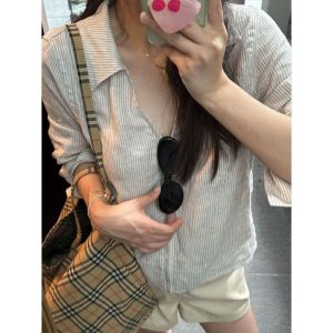 French Lazy Style Striped Collared Shirt Women's Plus Size Loose Long Sleeve Top 2026 Summer New