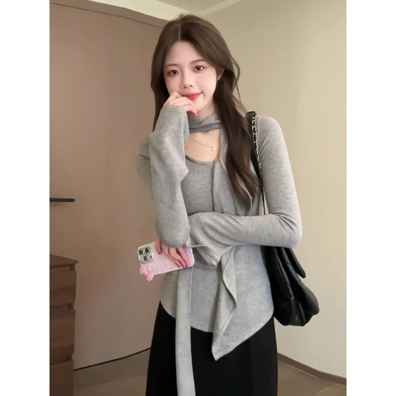 Women's Blue Ruffle Long Sleeve T-Shirt Fall New Ribbon Base Layer Top - Image 2