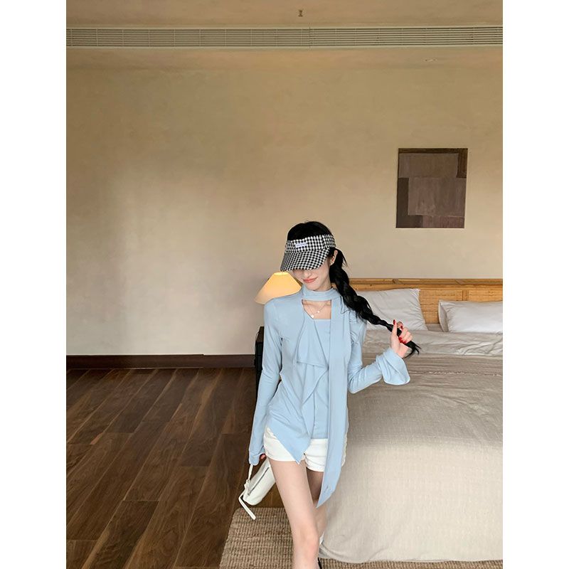 Women's Blue Ruffle Long Sleeve T-Shirt Fall New Ribbon Base Layer Top - Image 4