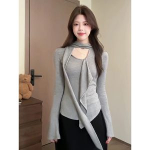 Women's Blue Ruffle Long Sleeve T-Shirt Fall New Ribbon Base Layer Top