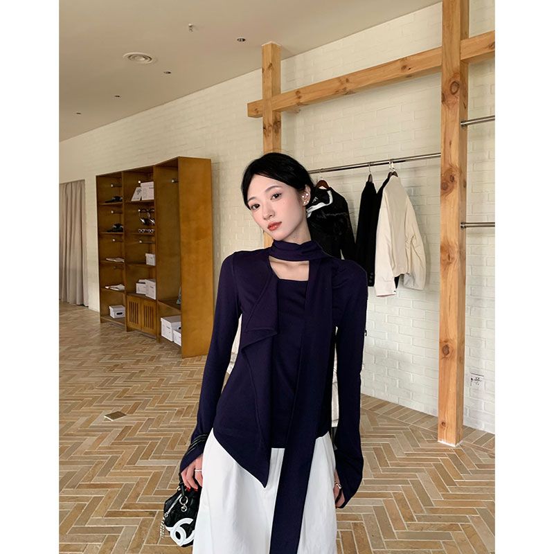 Women's Blue Ruffle Long Sleeve T-Shirt Fall New Ribbon Base Layer Top - Image 3
