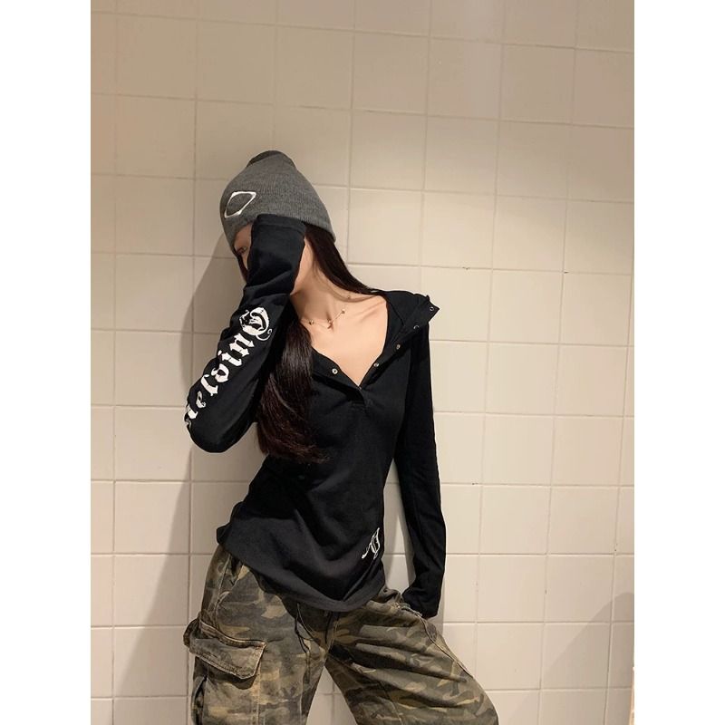 Women's Sheer Long Sleeve Hooded Punk T-Shirt Autumn Slim Fit Layering Top - Image 4
