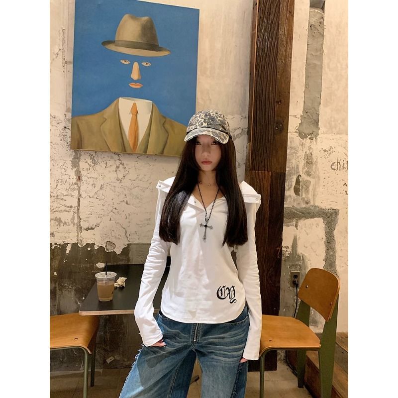 Women's Sheer Long Sleeve Hooded Punk T-Shirt Autumn Slim Fit Layering Top - Image 3