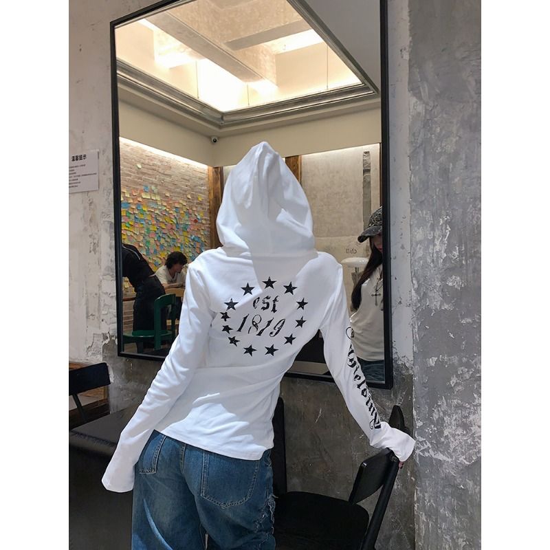 Women's Sheer Long Sleeve Hooded Punk T-Shirt Autumn Slim Fit Layering Top - Image 2