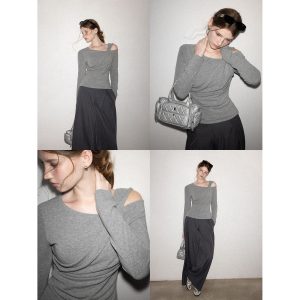Korean Style Gray Off-Shoulder Long Sleeve T-Shirt Women Summer Design Slim Fit Top