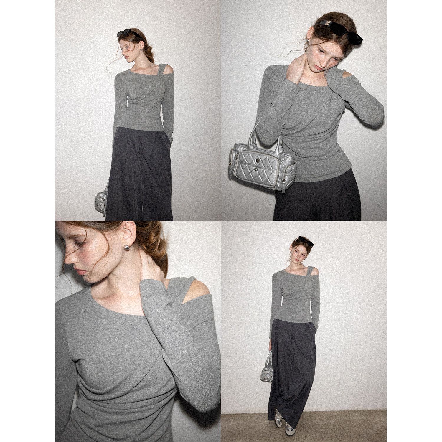 Korean Style Gray Off-Shoulder Long Sleeve T-Shirt Women Summer Design Slim Fit Top