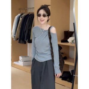 Korean Style Pink Off-Shoulder Long Sleeve T-Shirt Women Slim Fit Top