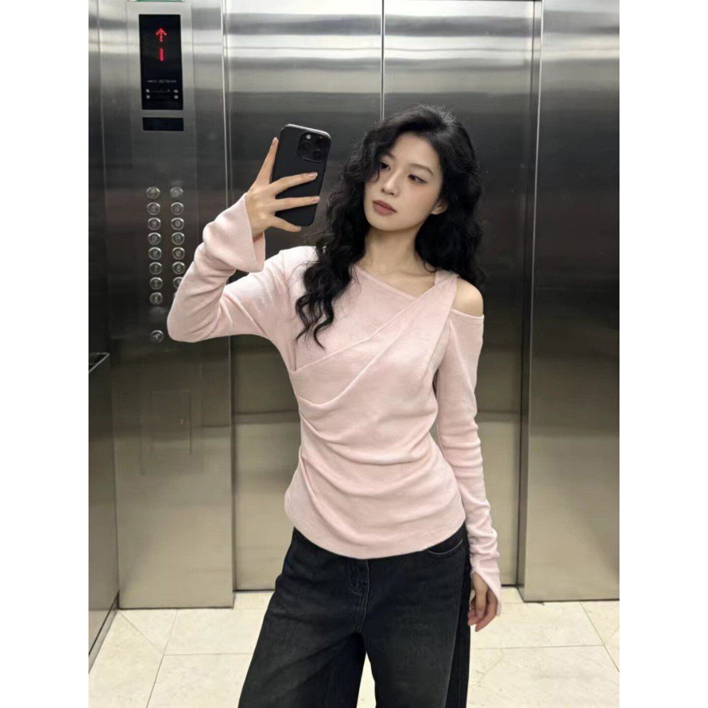 Korean Style Pink Off-Shoulder Long Sleeve T-Shirt Women Slim Fit Top - Image 2