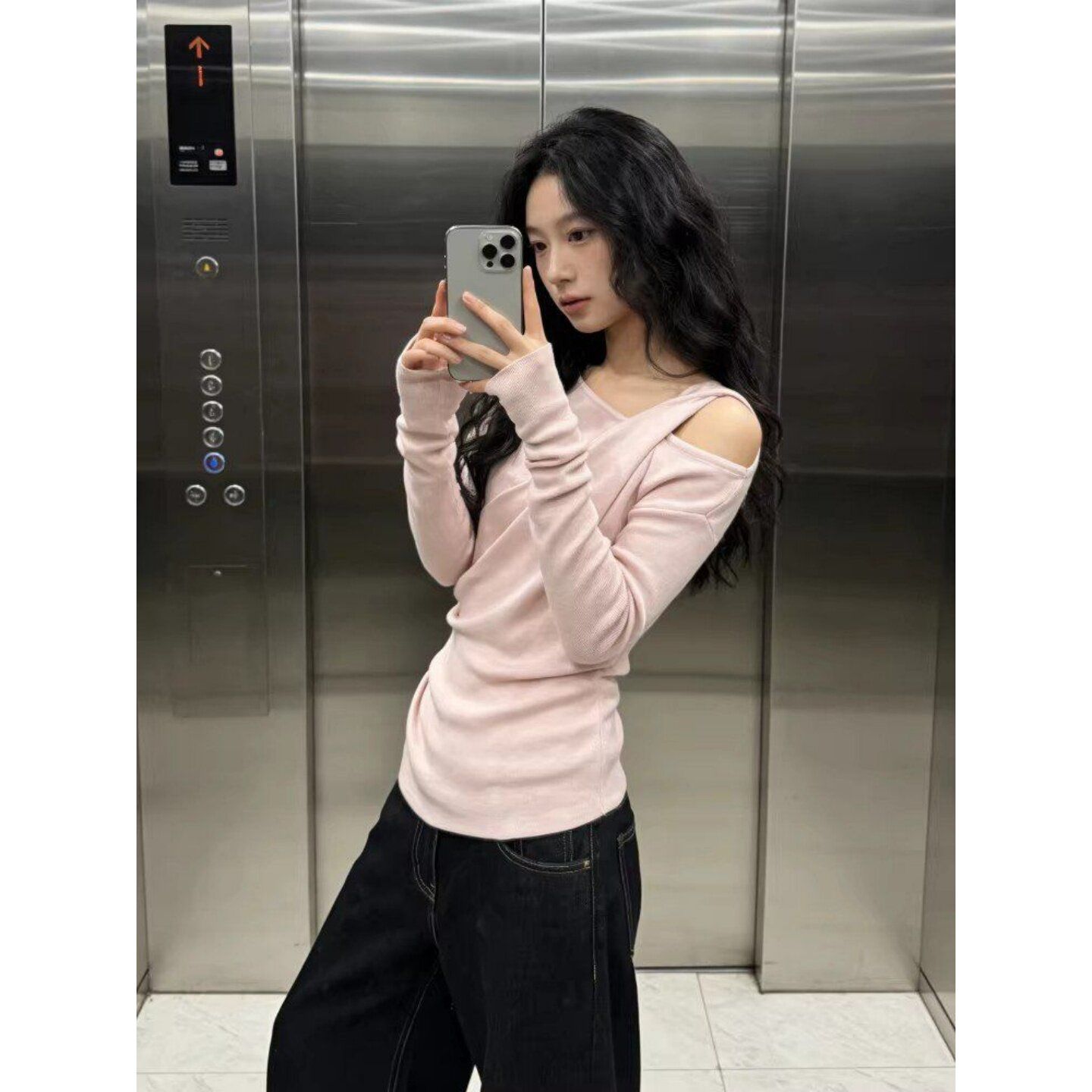 Korean Style Pink Off-Shoulder Long Sleeve T-Shirt Women Slim Fit Top - Image 4