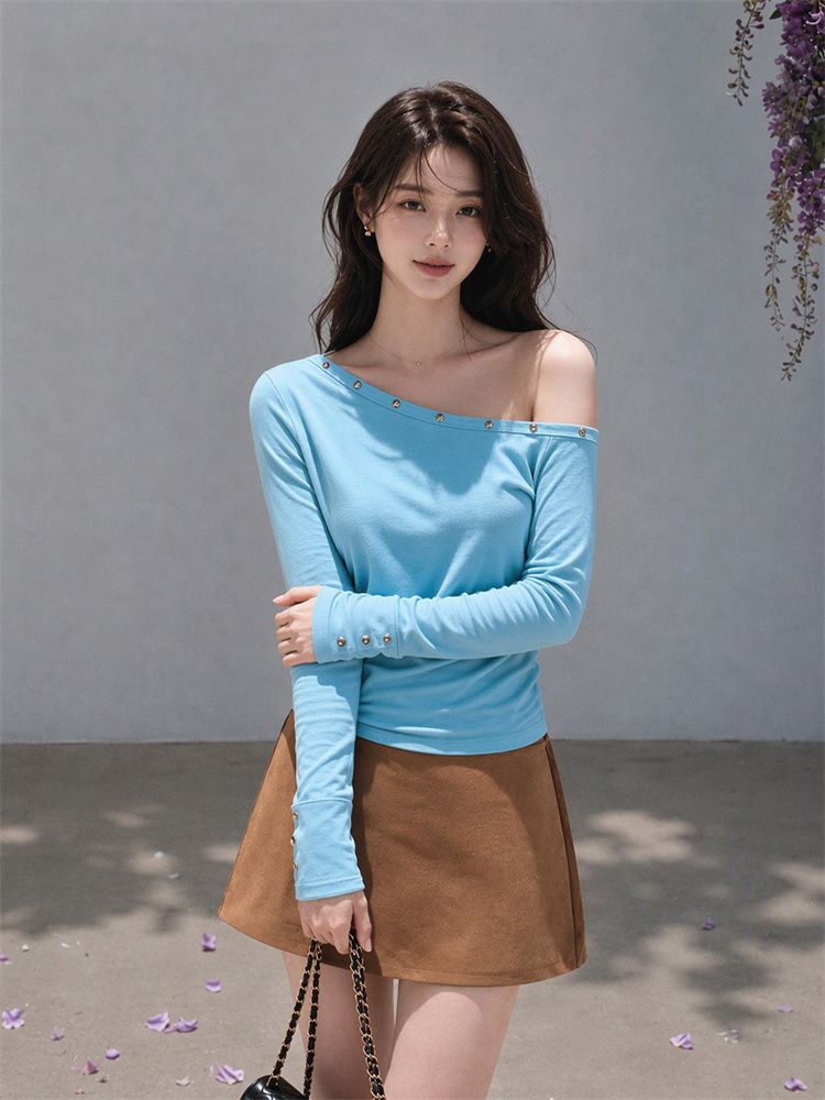 Women's Off-Shoulder Long Sleeve Slim Fit T-Shirt - Style b8f564 - Image 2