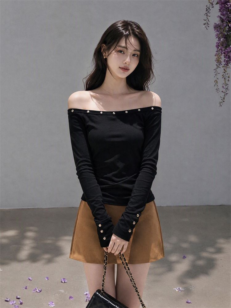 Women's Off-Shoulder Long Sleeve Slim Fit T-Shirt - Style b8f564