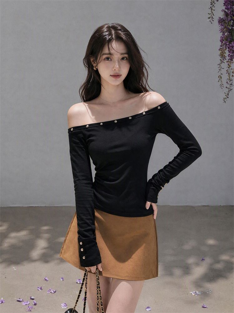Women's Off-Shoulder Long Sleeve Slim Fit T-Shirt - Style b8f564 - Image 3