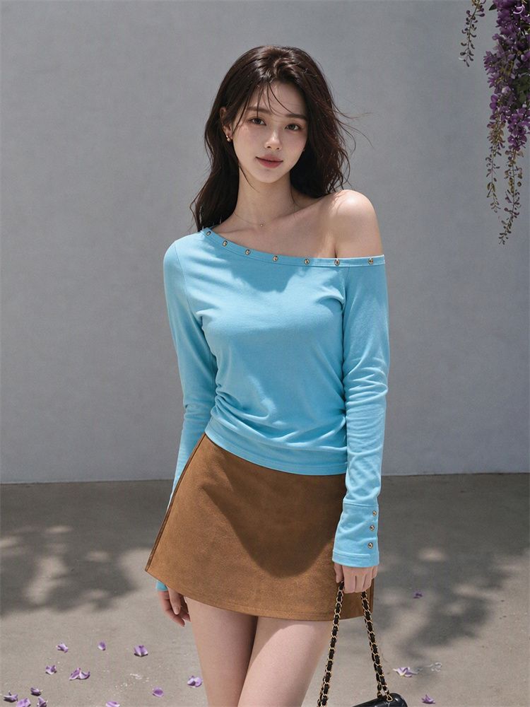 Women's Off-Shoulder Long Sleeve Slim Fit T-Shirt - Style b8f564 - Image 4